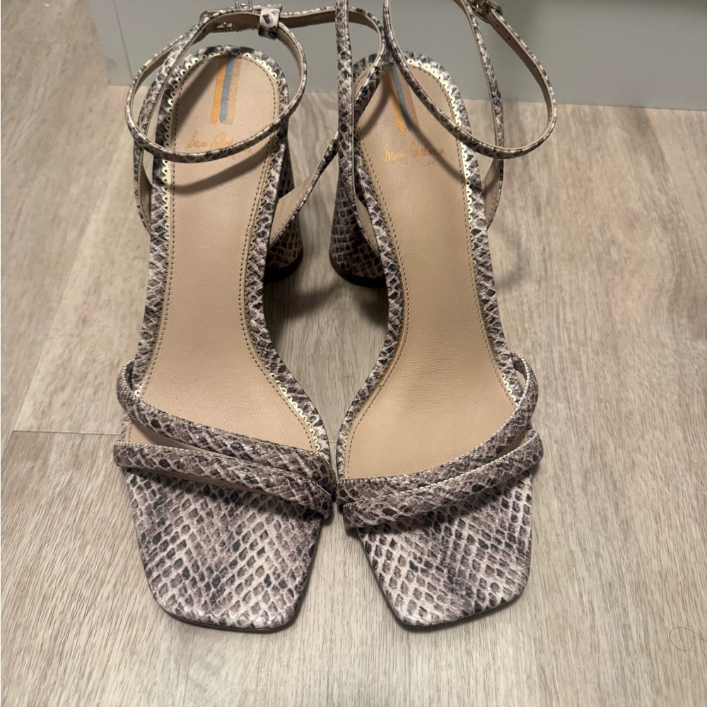 Sam Edelman Snake-Print Ankle-Strap Heels in Taupe